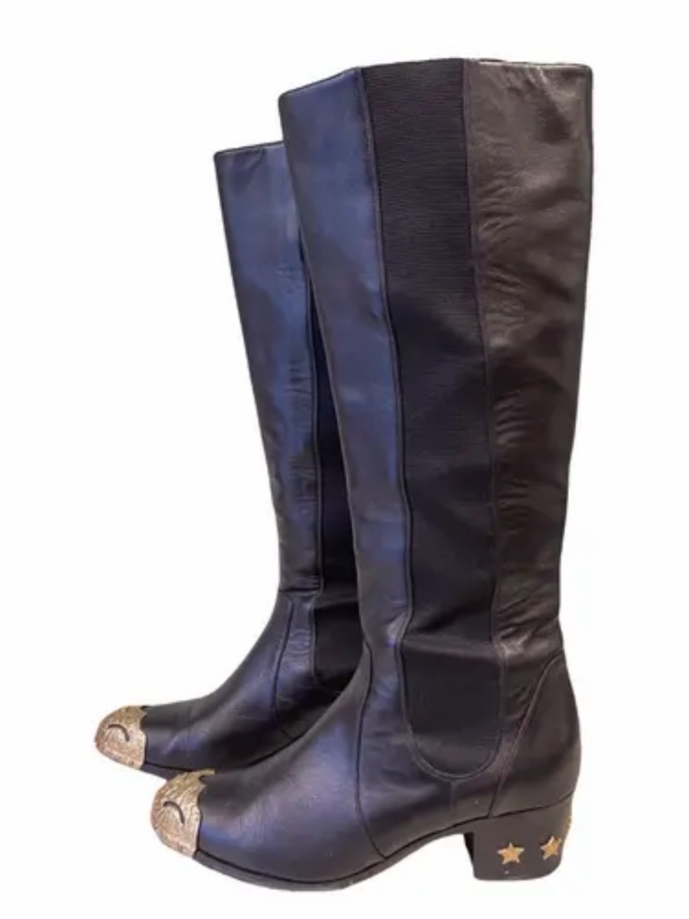 CHANEL Black Leather Knee Boots with Gold Star Heel and Gold Toe Accent - Picture 2 of 2